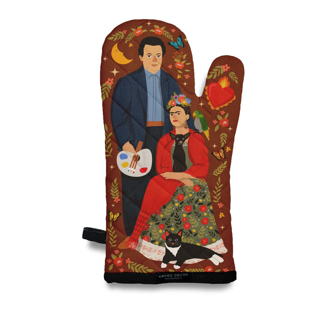 Diego and Frida with their Dog, Cat and Parrot Oven Mitt