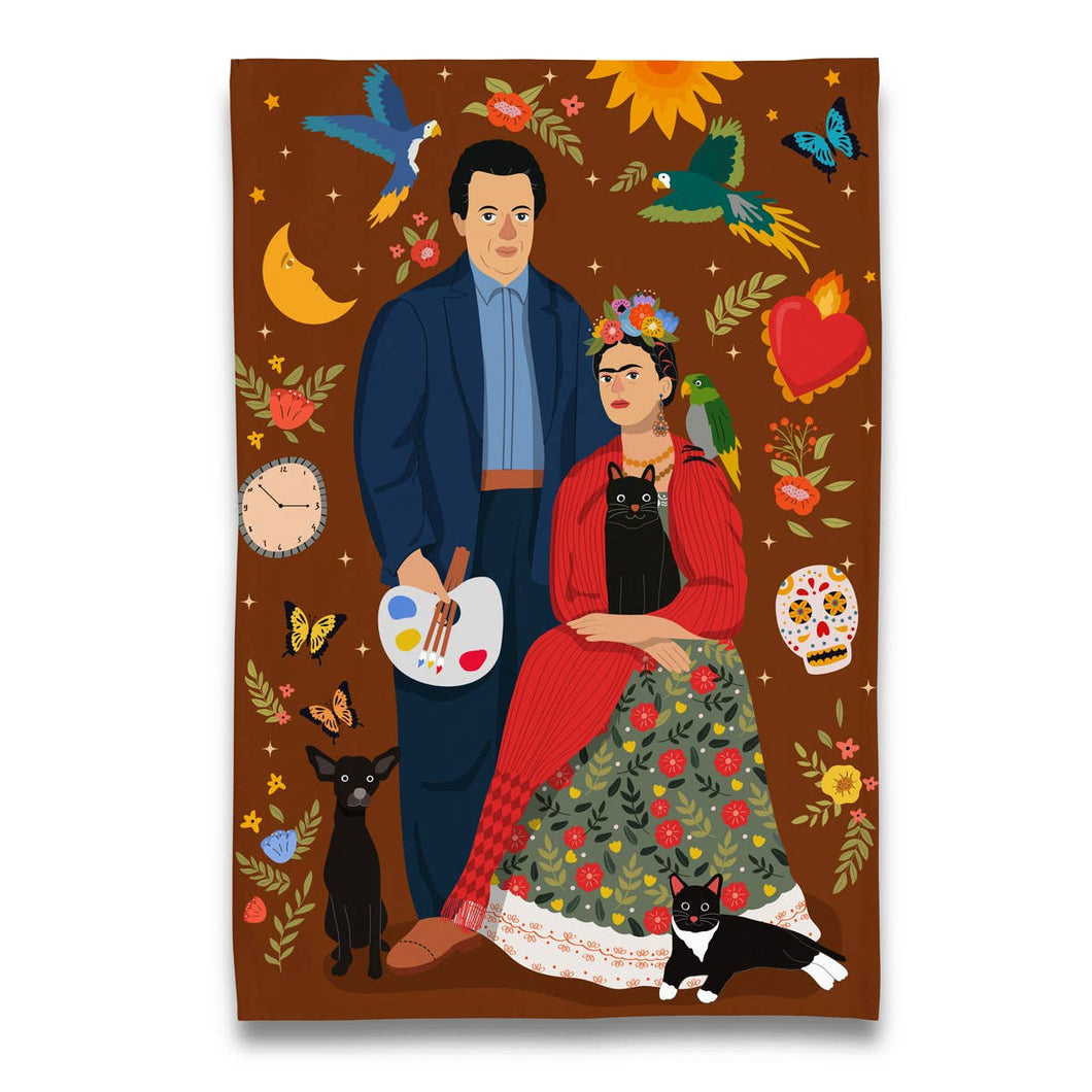 Diego and Frida with their Cat, Parrot and Dog Tea Towel